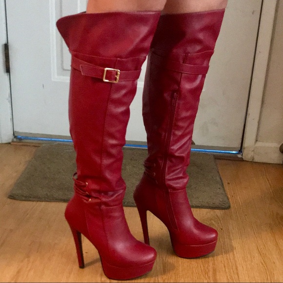 Scene Weaver Shoes | Red Over The Knee Platform High Heel Boot | Poshmark